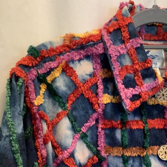 Earth Sea Sky Vtg Colorful Chenille-Embellished Acid Wash Denim Shirt Jacket Lge - Picture 4 of 8